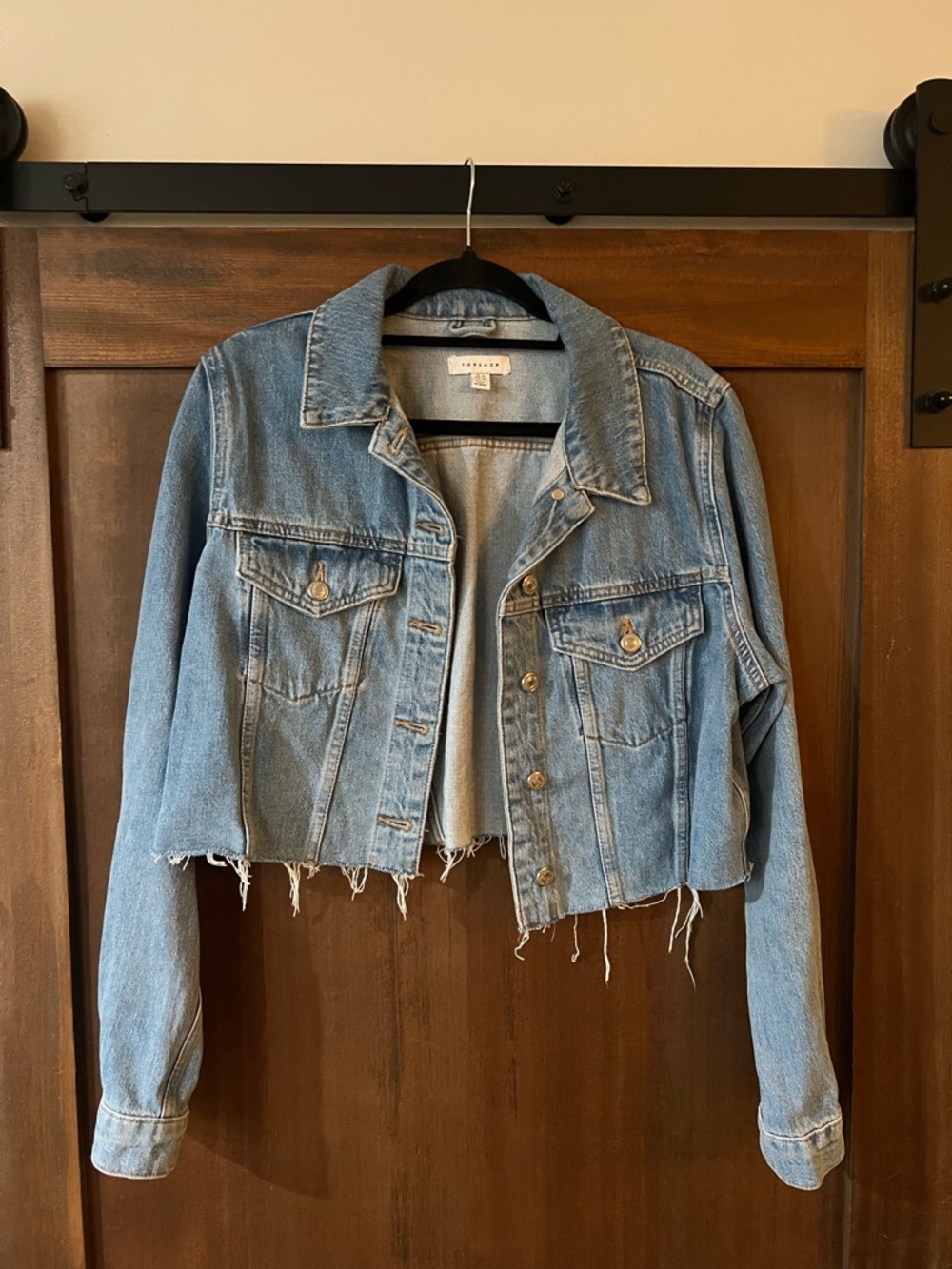Topshop Cropped Light Wash Denim Jacket - Distressed Hem
